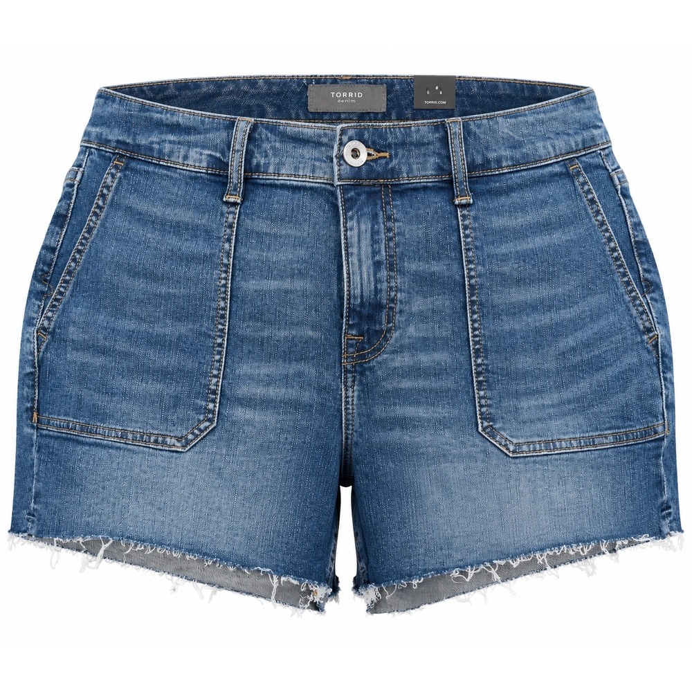 Torrid Womens High Rise Denim Shorts Medium Wash Raw Hem Patch Pocket 14922691